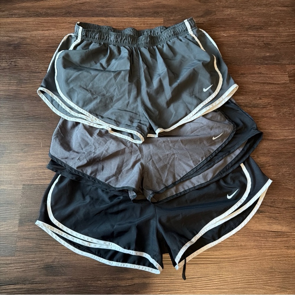 Nike Women’s Athletic Shorts Set — Gray, Charcoal, Black with White Trim